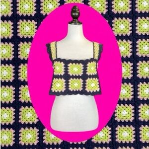 Reclaimed Vintage Grandmacore Retro Boho Multicolored Knit Crochet Squares Top L